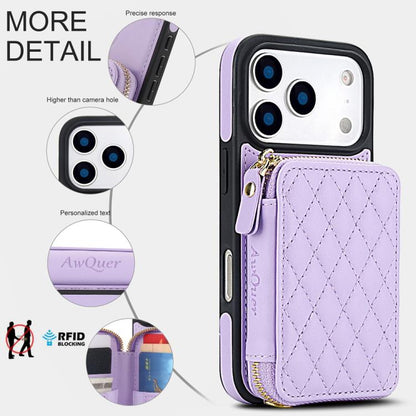 For iPhone 17 Pro Max AwQuer Crossbody Zipper Wallet Rhombic Leather Back Phone Case(Purple) by Awquer