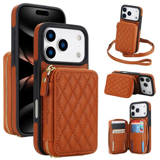 For iPhone 17 Pro Max AwQuer Crossbody Zipper Wallet Rhombic Leather Back Phone Case(Brown) by Awquer