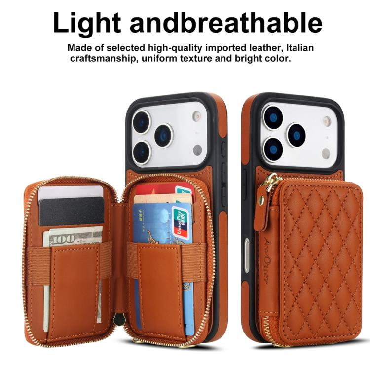 For iPhone 17 Pro Max AwQuer Crossbody Zipper Wallet Rhombic Leather Back Phone Case(Brown) by Awquer