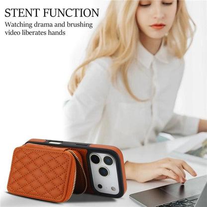 For iPhone 17 Pro Max AwQuer Crossbody Zipper Wallet Rhombic Leather Back Phone Case(Brown) by Awquer