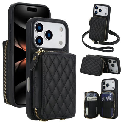 For iPhone 17 Pro AwQuer Crossbody Zipper Wallet Rhombic Leather Back Phone Case(Black) by Awquer