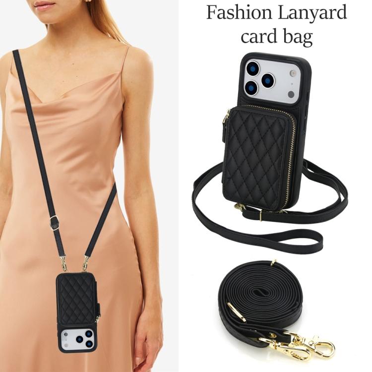 For iPhone 17 Pro AwQuer Crossbody Zipper Wallet Rhombic Leather Back Phone Case(Black) by Awquer