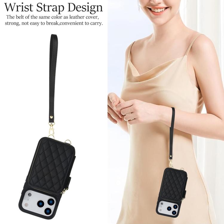 For iPhone 17 Pro AwQuer Crossbody Zipper Wallet Rhombic Leather Back Phone Case(Black) by Awquer