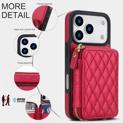 For iPhone 17 Pro AwQuer Crossbody Zipper Wallet Rhombic Leather Back Phone Case(Red) by Awquer