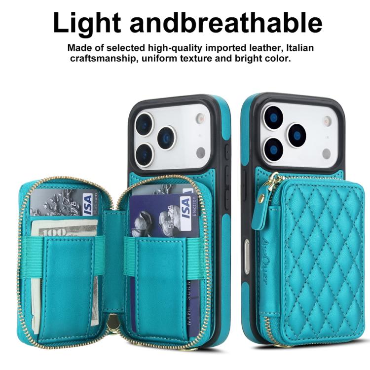 For iPhone 17 Pro AwQuer Crossbody Zipper Wallet Rhombic Leather Back Phone Case(Green) by Awquer