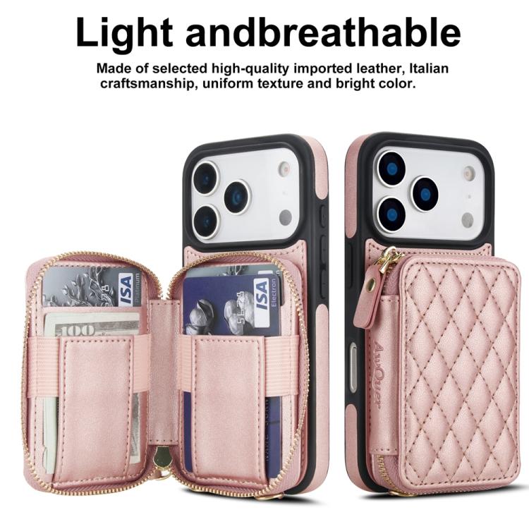 For iPhone 17 Pro AwQuer Crossbody Zipper Wallet Rhombic Leather Back Phone Case(Rose Gold) by Awquer