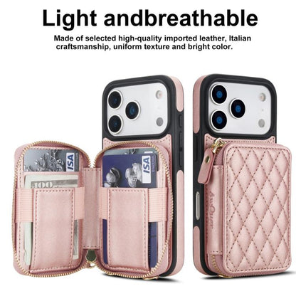 For iPhone 17 Pro AwQuer Crossbody Zipper Wallet Rhombic Leather Back Phone Case(Rose Gold) by Awquer