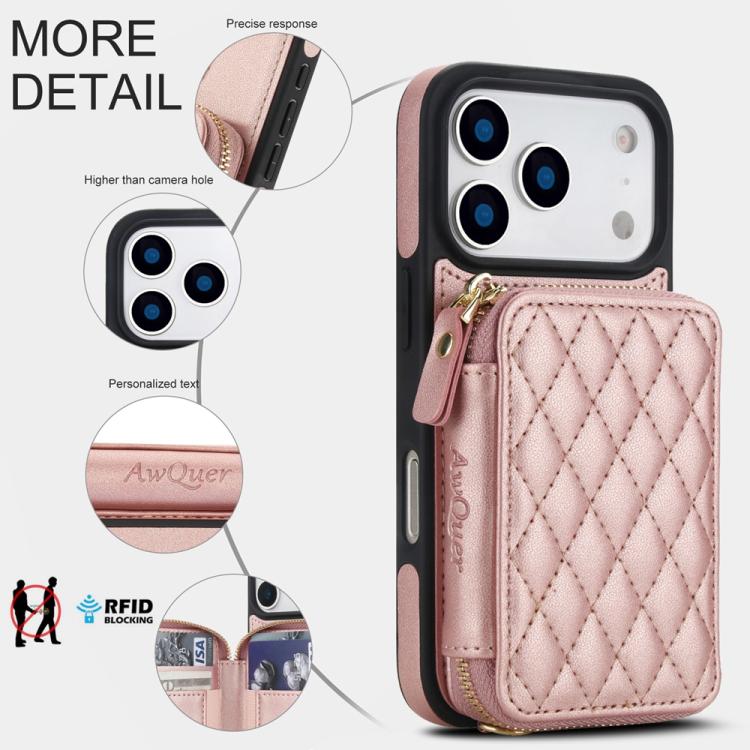 For iPhone 17 Pro AwQuer Crossbody Zipper Wallet Rhombic Leather Back Phone Case(Rose Gold) by Awquer