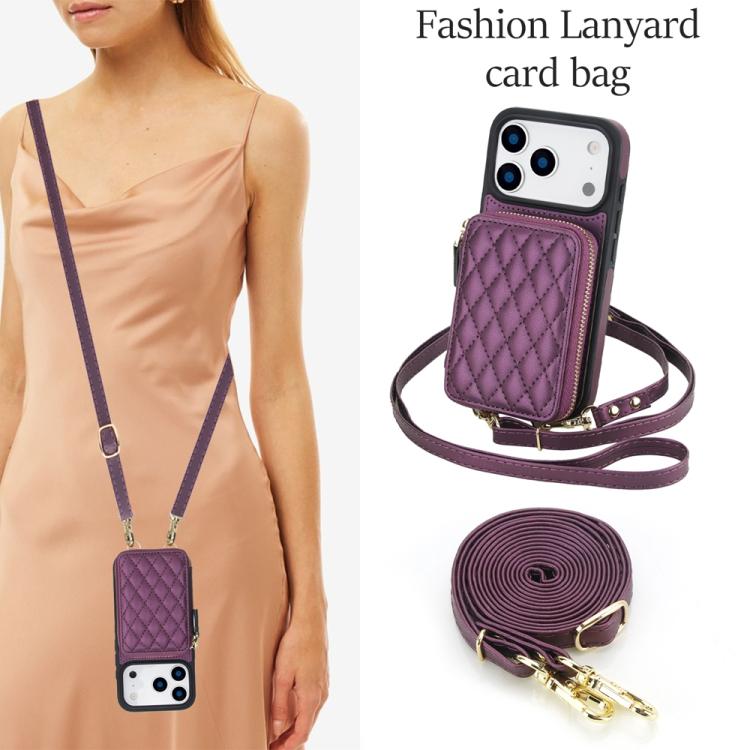 For iPhone 17 Pro AwQuer Crossbody Zipper Wallet Rhombic Leather Back Phone Case(Dark Purple) by Awquer