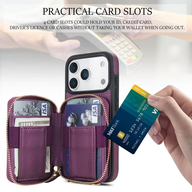 For iPhone 17 Pro AwQuer Crossbody Zipper Wallet Rhombic Leather Back Phone Case(Dark Purple) by Awquer