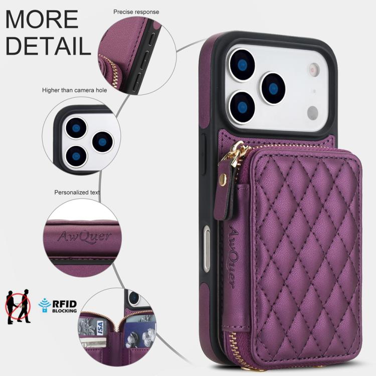 For iPhone 17 Pro AwQuer Crossbody Zipper Wallet Rhombic Leather Back Phone Case(Dark Purple) by Awquer