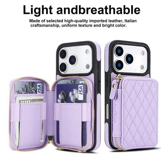For iPhone 17 Pro AwQuer Crossbody Zipper Wallet Rhombic Leather Back Phone Case(Purple) by Awquer