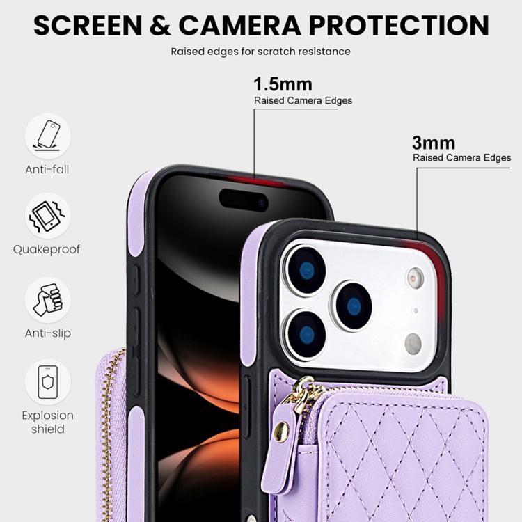 For iPhone 17 Pro AwQuer Crossbody Zipper Wallet Rhombic Leather Back Phone Case(Purple) by Awquer