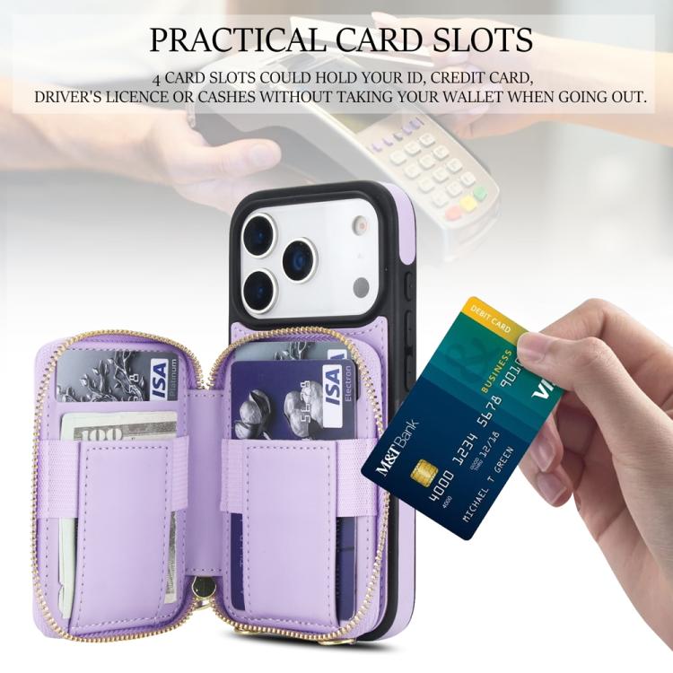 For iPhone 17 Pro AwQuer Crossbody Zipper Wallet Rhombic Leather Back Phone Case(Purple) by Awquer