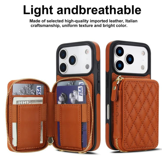 For iPhone 17 Pro AwQuer Crossbody Zipper Wallet Rhombic Leather Back Phone Case(Brown) by Awquer