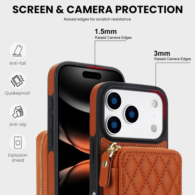 For iPhone 17 Pro AwQuer Crossbody Zipper Wallet Rhombic Leather Back Phone Case(Brown) by Awquer