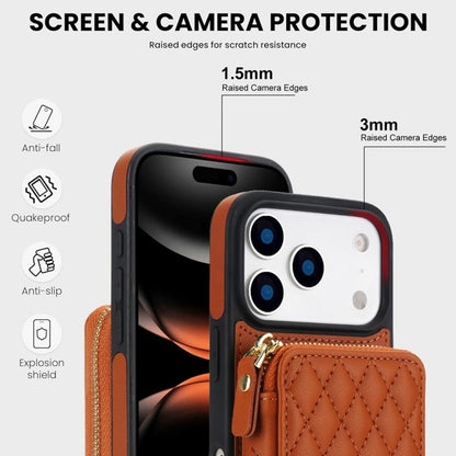 For iPhone 17 Pro AwQuer Crossbody Zipper Wallet Rhombic Leather Back Phone Case(Brown) by Awquer