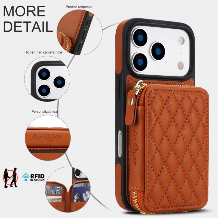 For iPhone 17 Pro AwQuer Crossbody Zipper Wallet Rhombic Leather Back Phone Case(Brown) by Awquer