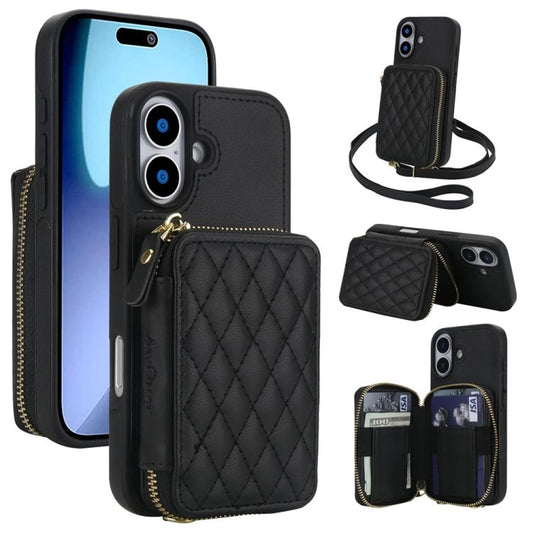 For iPhone 17 AwQuer Crossbody Zipper Wallet Rhombic Leather Back Phone Case(Black) by Awquer