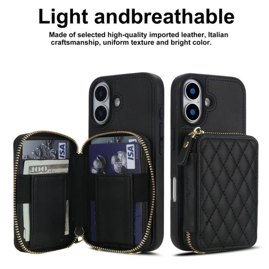 For iPhone 17 AwQuer Crossbody Zipper Wallet Rhombic Leather Back Phone Case(Black) by Awquer