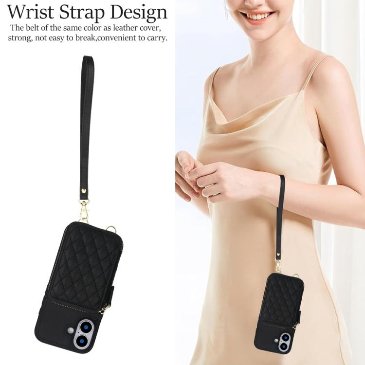 For iPhone 17 AwQuer Crossbody Zipper Wallet Rhombic Leather Back Phone Case(Black) by Awquer