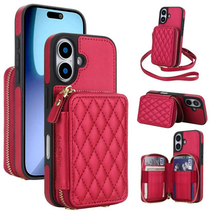 For iPhone 17 AwQuer Crossbody Zipper Wallet Rhombic Leather Back Phone Case(Red) by Awquer