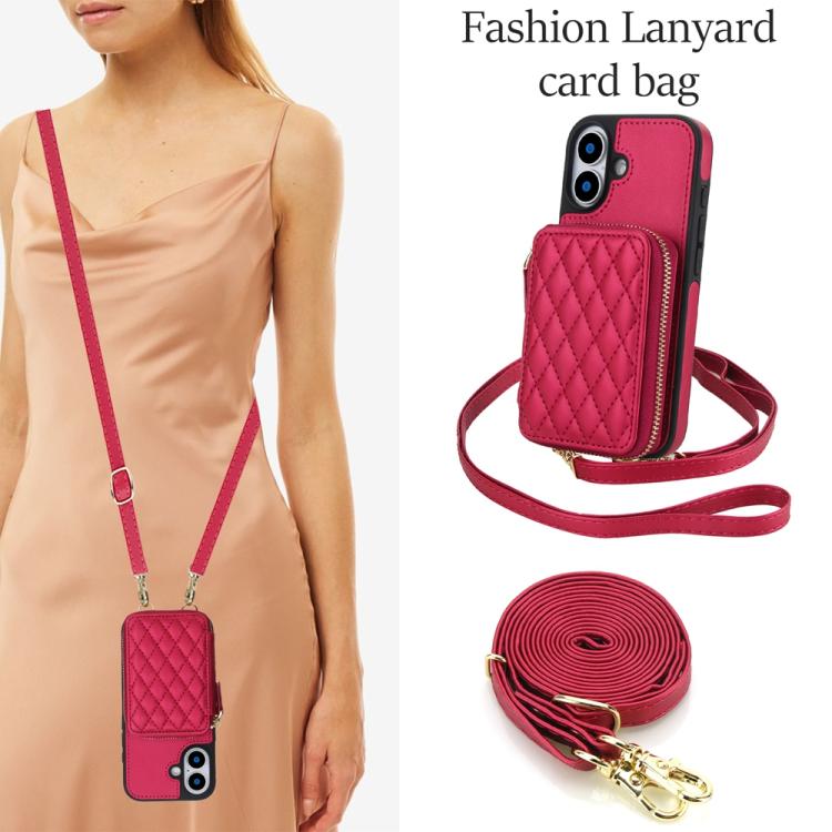 For iPhone 17 AwQuer Crossbody Zipper Wallet Rhombic Leather Back Phone Case(Red) by Awquer