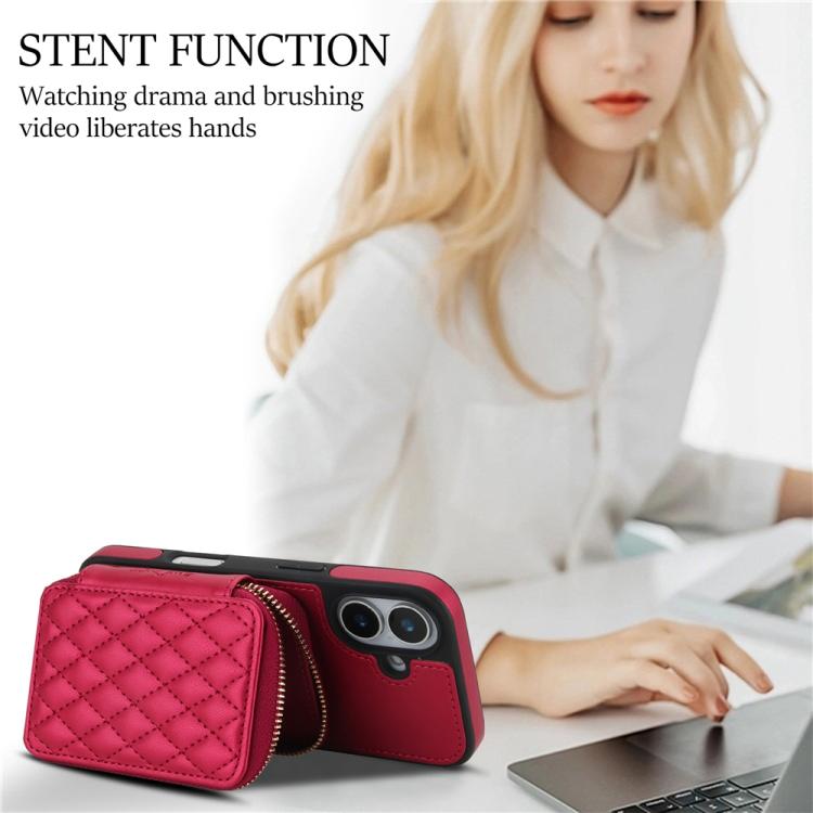 For iPhone 17 AwQuer Crossbody Zipper Wallet Rhombic Leather Back Phone Case(Red) by Awquer