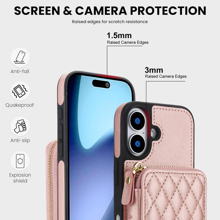 For iPhone 17 AwQuer Crossbody Zipper Wallet Rhombic Leather Back Phone Case(Rose Gold) by Awquer