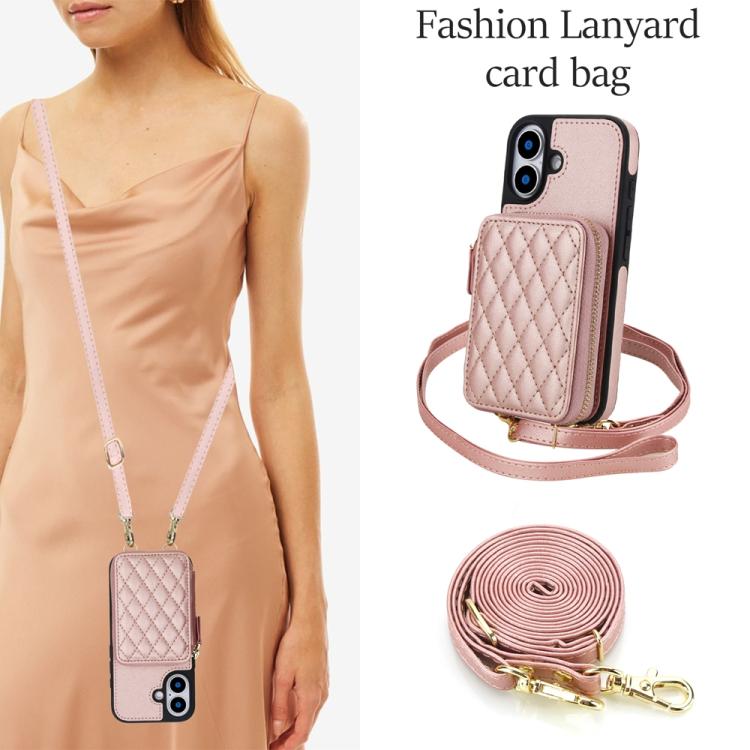 For iPhone 17 AwQuer Crossbody Zipper Wallet Rhombic Leather Back Phone Case(Rose Gold) by Awquer