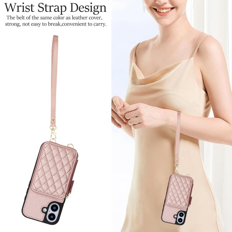 For iPhone 17 AwQuer Crossbody Zipper Wallet Rhombic Leather Back Phone Case(Rose Gold) by Awquer