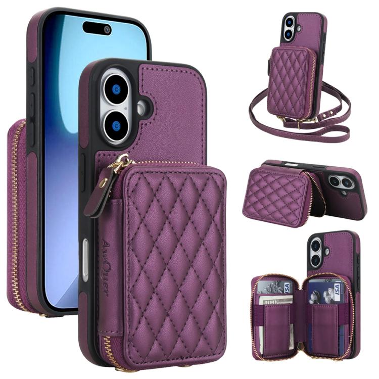 For iPhone 17 AwQuer Crossbody Zipper Wallet Rhombic Leather Back Phone Case(Dark Purple) by Awquer