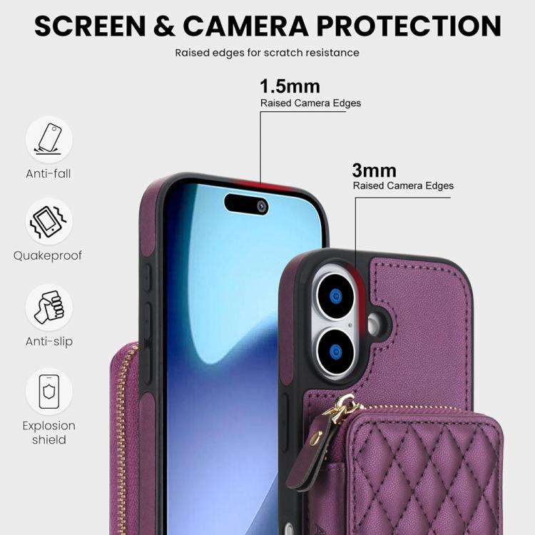 For iPhone 17 AwQuer Crossbody Zipper Wallet Rhombic Leather Back Phone Case(Dark Purple) by Awquer