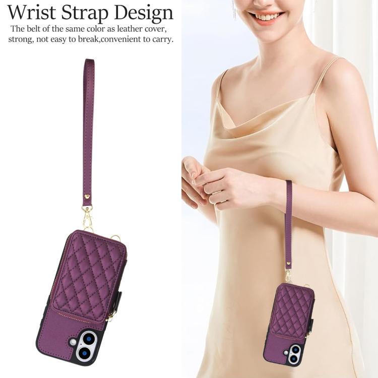 For iPhone 17 AwQuer Crossbody Zipper Wallet Rhombic Leather Back Phone Case(Dark Purple) by Awquer