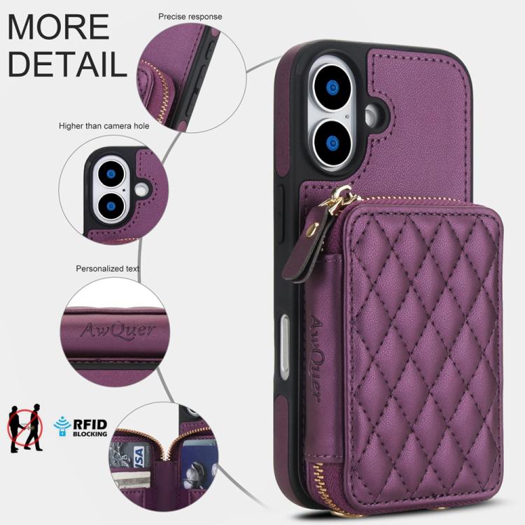 For iPhone 17 AwQuer Crossbody Zipper Wallet Rhombic Leather Back Phone Case(Dark Purple) by Awquer