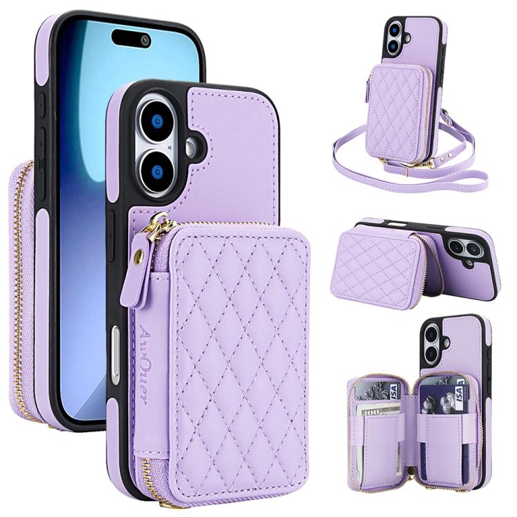 For iPhone 17 AwQuer Crossbody Zipper Wallet Rhombic Leather Back Phone Case(Purple) by Awquer