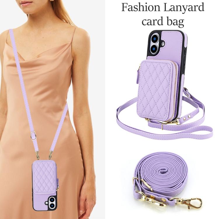 For iPhone 17 AwQuer Crossbody Zipper Wallet Rhombic Leather Back Phone Case(Purple) by Awquer