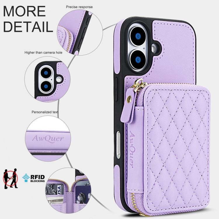 For iPhone 17 AwQuer Crossbody Zipper Wallet Rhombic Leather Back Phone Case(Purple) by Awquer