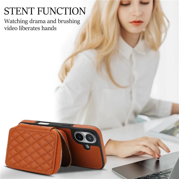 For iPhone 17 AwQuer Crossbody Zipper Wallet Rhombic Leather Back Phone Case(Brown) by Awquer