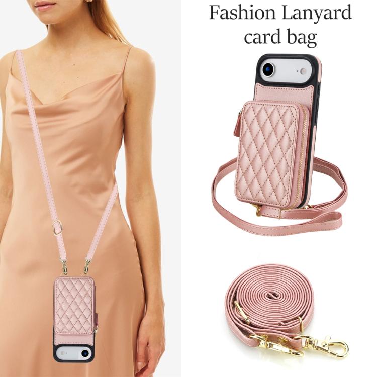 For iPhone Air AwQuer Crossbody Zipper Wallet Rhombic Leather Back Phone Case(Rose Gold) by Awquer