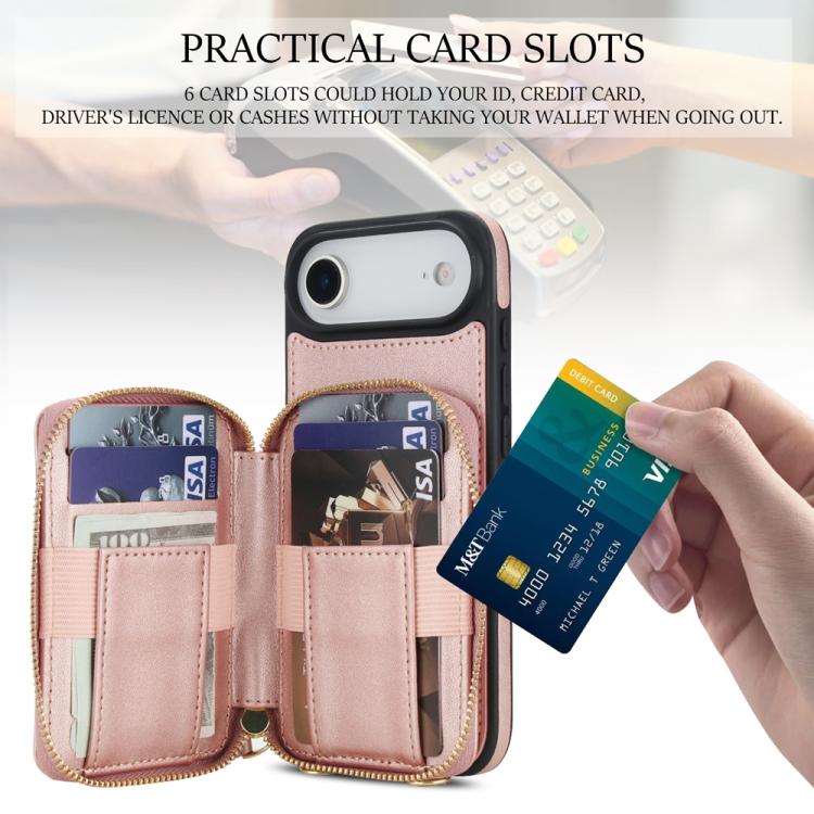 For iPhone Air AwQuer Crossbody Zipper Wallet Rhombic Leather Back Phone Case(Rose Gold) by Awquer