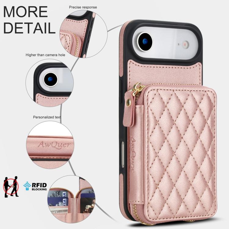 For iPhone Air AwQuer Crossbody Zipper Wallet Rhombic Leather Back Phone Case(Rose Gold) by Awquer