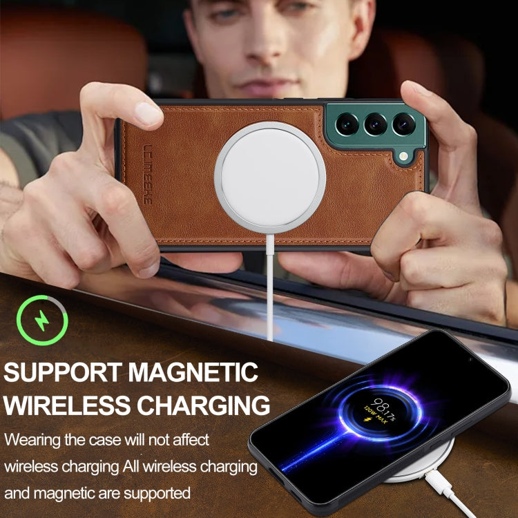 For Samsung Galaxy S21 FE 5G LC.IMEEKE L3 Series Detachable RFID Card Bag Magsafe Phone Case(Brown) by LC.IMEEKE