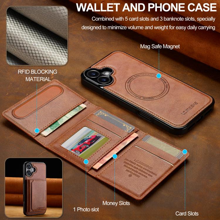 For iPhone 17 LC.IMEEKE L5 Series Detachable RFID Card Bag Magsafe Phone Case(Brown) by LC.IMEEKE