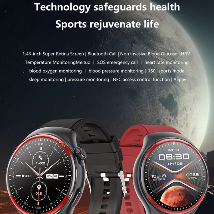 T82 1.43 inch Round Screen BT Call Smart Watch, Heart Rate / Blood Pressure / Blood Oxygen / Sleep / Blood Sugar / HRV / Metope / SOS, Strap:Silicone Black by bashfashion