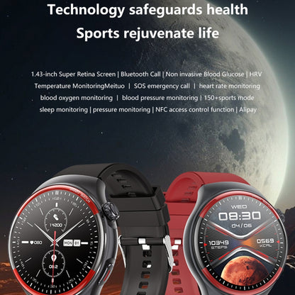T82 1.43 inch Round Screen BT Call Smart Watch, Heart Rate / Blood Pressure / Blood Oxygen / Sleep / Blood Sugar / HRV / Metope / SOS, Strap:Silicone Black by bashfashion