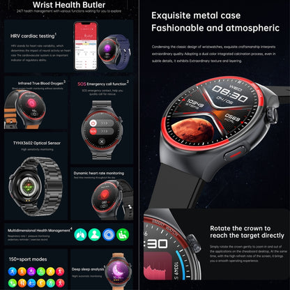 T82 1.43 inch Round Screen BT Call Smart Watch, Heart Rate / Blood Pressure / Blood Oxygen / Sleep / Blood Sugar / HRV / Metope / SOS, Strap:Stainless Steel Black by bashfashion