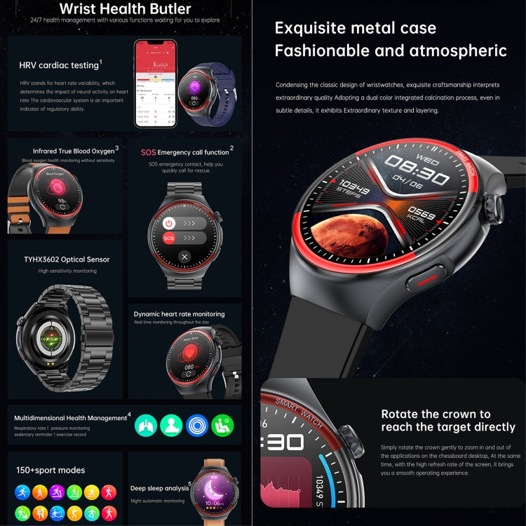 T82 1.43 inch Round Screen BT Call Smart Watch, Heart Rate / Blood Pressure / Blood Oxygen / Sleep / Blood Sugar / HRV / Metope / SOS, Strap:Silicone Black by bashfashion