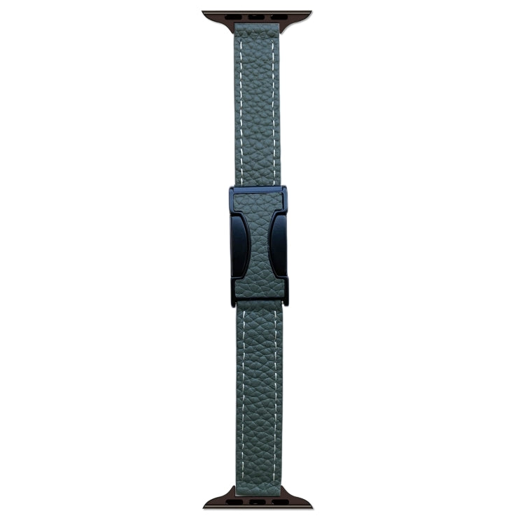 For Apple Watch 46mm / 49mm / 45mm / 44mm 14mm Magnetic Buckle Litchi Leather Watch Band(Deep Green) by bashfashion