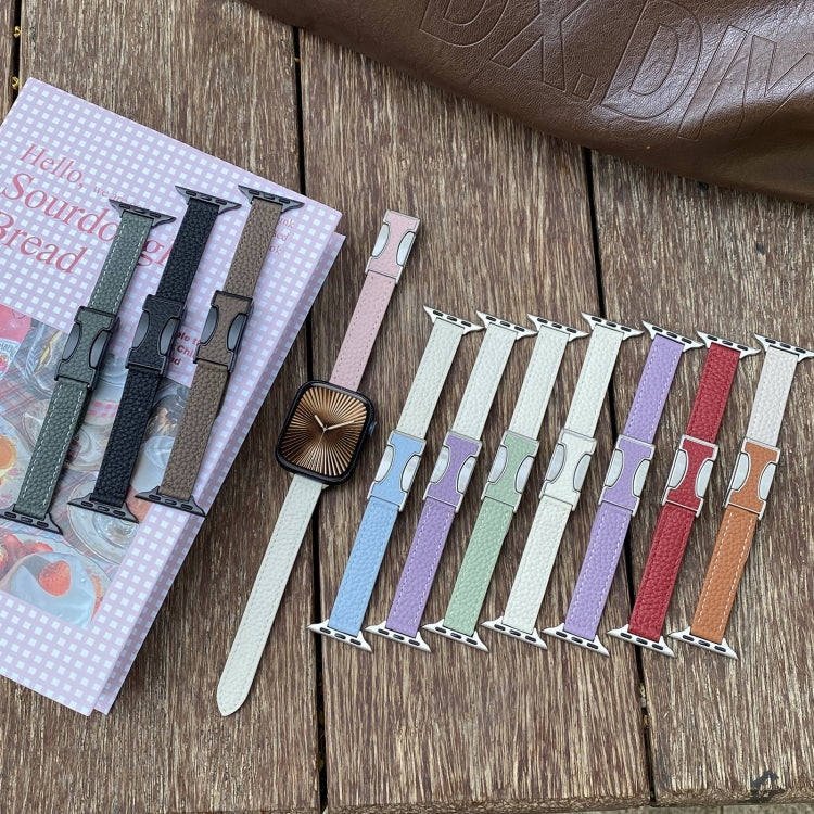 For Apple Watch 42mm / 41mm / 40mm / 38mm 14mm Magnetic Buckle Litchi Leather Watch Band(Green Beige) by bashfashion